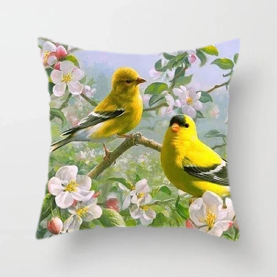 Cute Bird And Flower Pattern Double-Sided Printed Pillow Cover Short Plush Suitable Living Rooms Bedrooms Throw Cushion Cover