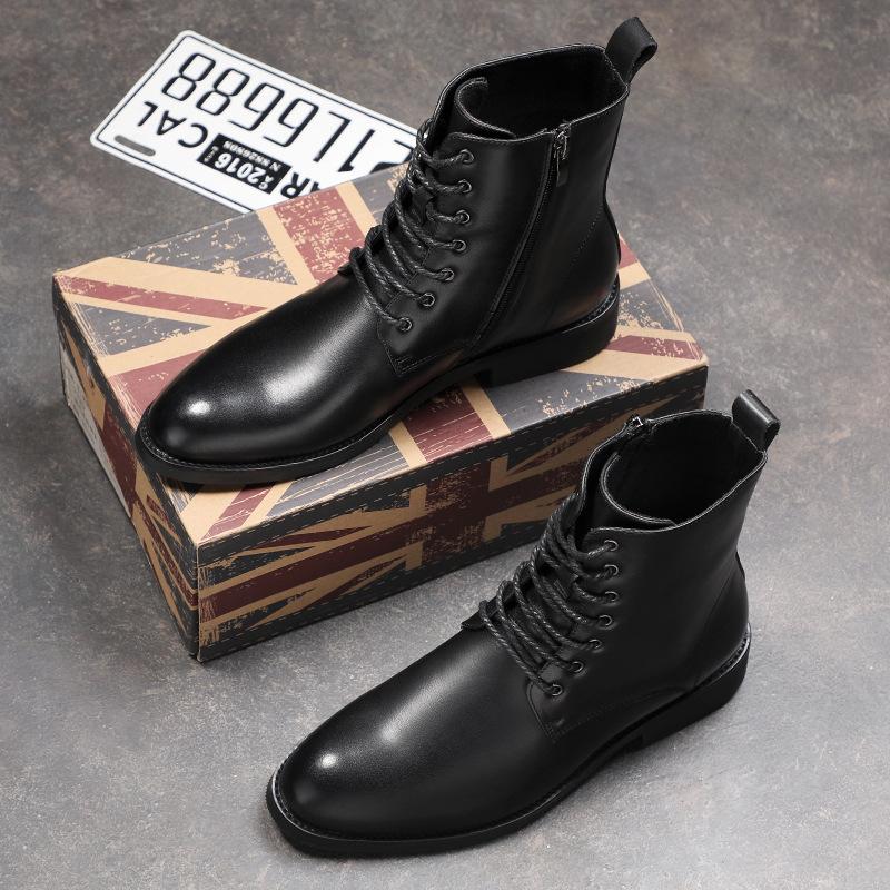 Martin boots men's cowhide high-top shoes fashion casual British pointed side zipper lace-up leather boots Chelsea boots men's