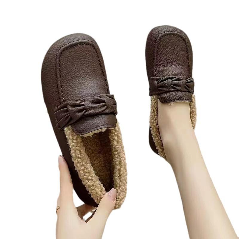 Real Soft Leather Velvet Women's Shoes Autumn and Winter New Soft-soled Comfortable Shoes Flat Leather Shoes Warm Cotton Shoes