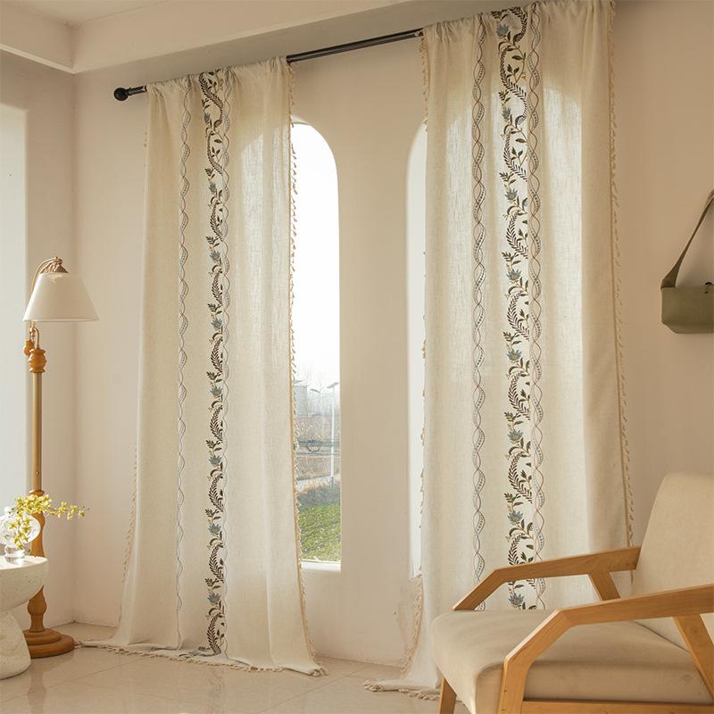 Fresh Embroidered Linen Short Curtain Semi Blackout Window Valance For Kitchen Balcony Bedroom 140*140cm