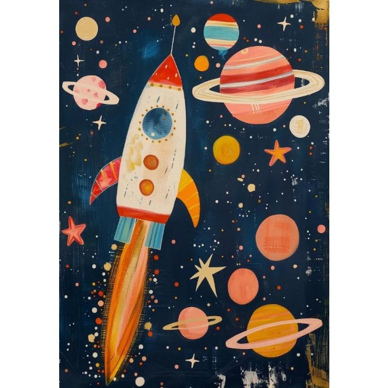 Cartoon Space Rocket Cosmic Planets Animal Astronaut Posters Canvas Printing Wall Art Picture for Playroom Home Gifts