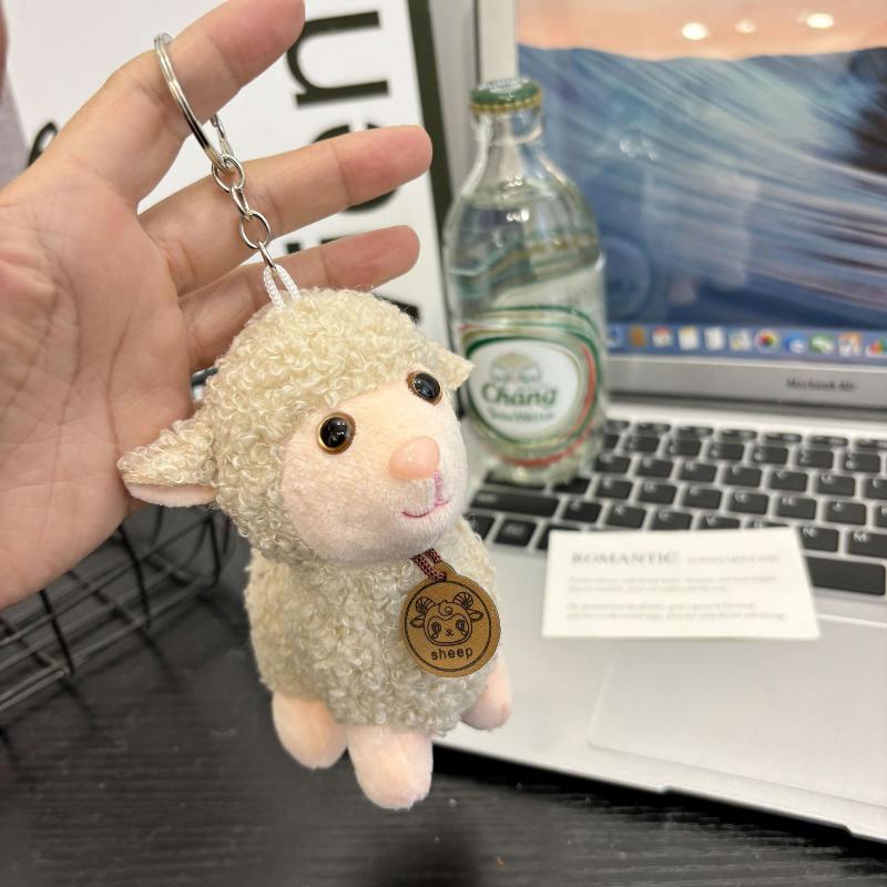 Cute Soft Plush Sheep Keychain Fluffy Straw Hat Plaid Bow 1Pcs Portable Key Ornament for Travel Backpack Decor