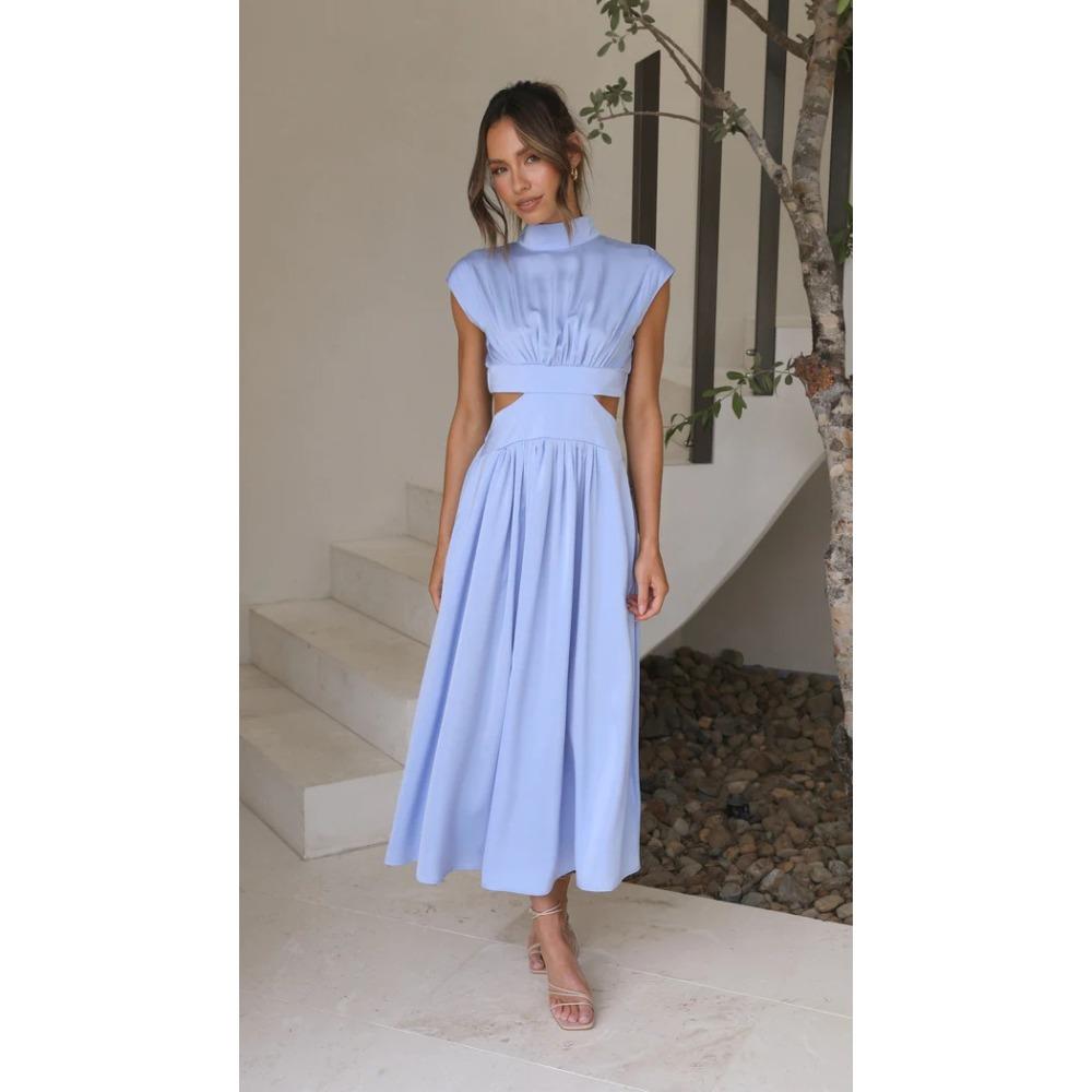 Women's High Neck Sleeveless Midi Dress Loose Cutout Waist Pleated Elegant Casual Solid Color Party Dress