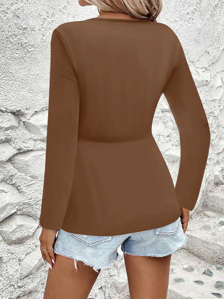 European & American 2025 Autumn/Winter Women's Solid Color Long Sleeve V-Neck T-Shirt
