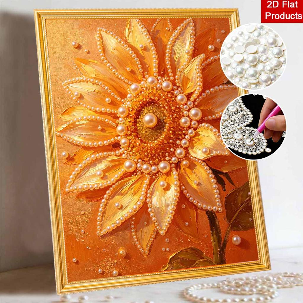 Handmade Framed Pearl Bead Painting Kit Golden Sunflower Pattern 3D Shiny Canvas Art Ready to Display Home Decor Modern Wall Art Gift Idea