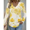 Yellow Floral Pattern Women's Casual Long-sleeved V-neck T-shirt