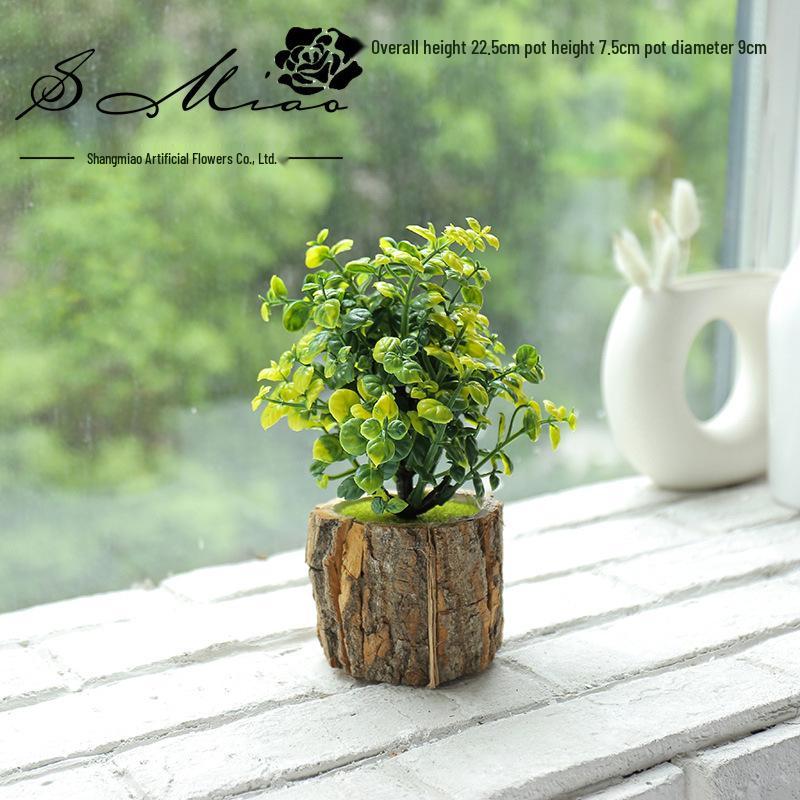 Creative Wooden Basin with Artificial Green Plant Bonsai Ornament for Display and Decoration.