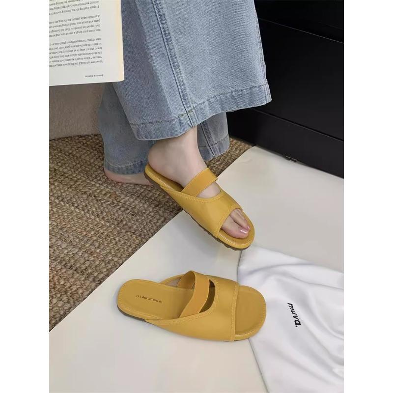 Ретро однотонные шлепанцы для женщин, летние новые сандалии на плоской подошве, без задника, ленивые сандалии, повседневная пляжная обувь 40 жёлтый