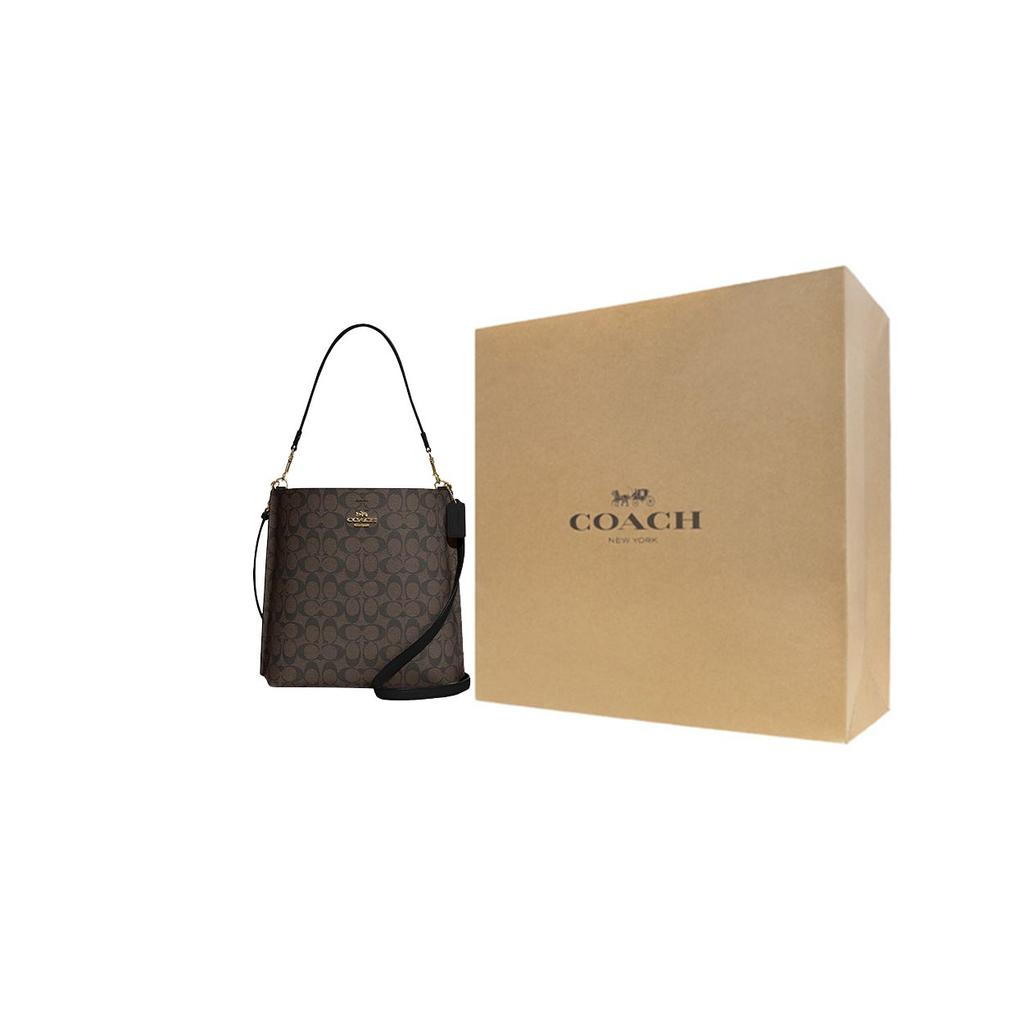 Coach Mollie Classic Monogram Signature Coated Canvas With Smooth Leather Bucket Bag Women bags Brown Black CA561-IMAA8