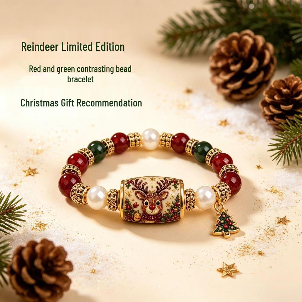 Hand-Painted Christmas Tree Beaded Bracelet - Women's Elastic Holiday Gift