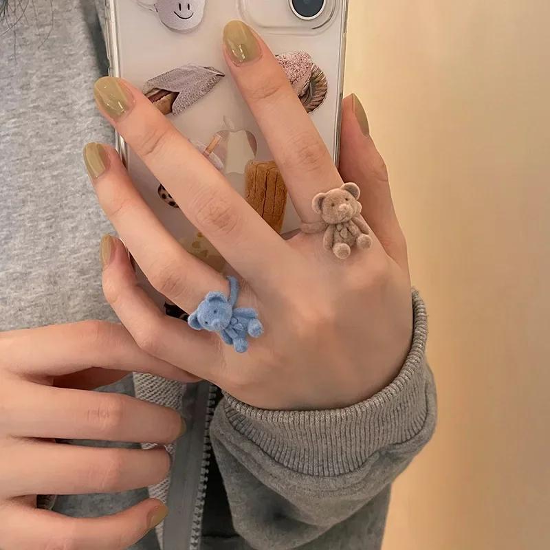 Cute Creative Gifts Plush Bear Opening Ring For Women Autumn Winter Sweet Cartoon Index Niche Design Adjustable Rings