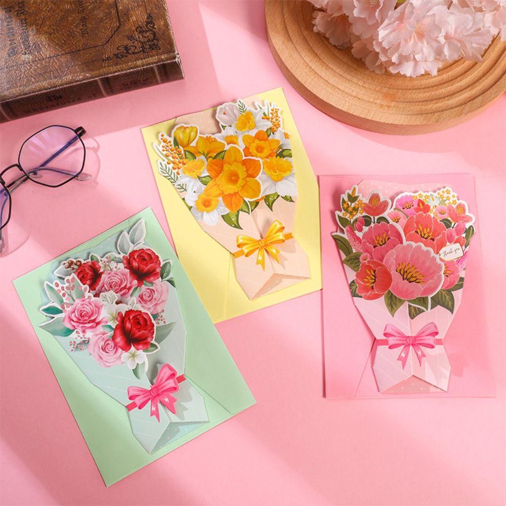 3D Thanks Flowers Postcard Paper Craft DIY Flower Bouquet Greeting Card Sunflower/Rose/Carnation Exquisite Floral Birthday Cards