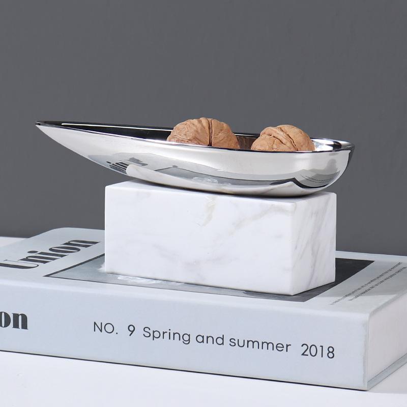 Marble Base Decorative Tray, Conical Stainless Steel Tray, Metal Trays, Home Living Room Coffee Table Desktop Storage Tray