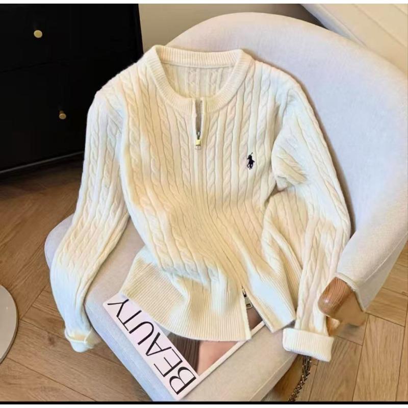 Autumn and winter new double zipper twist embroidered knitted cardigan women's round neck long sleeve age-reducing sweater jacket versatile top