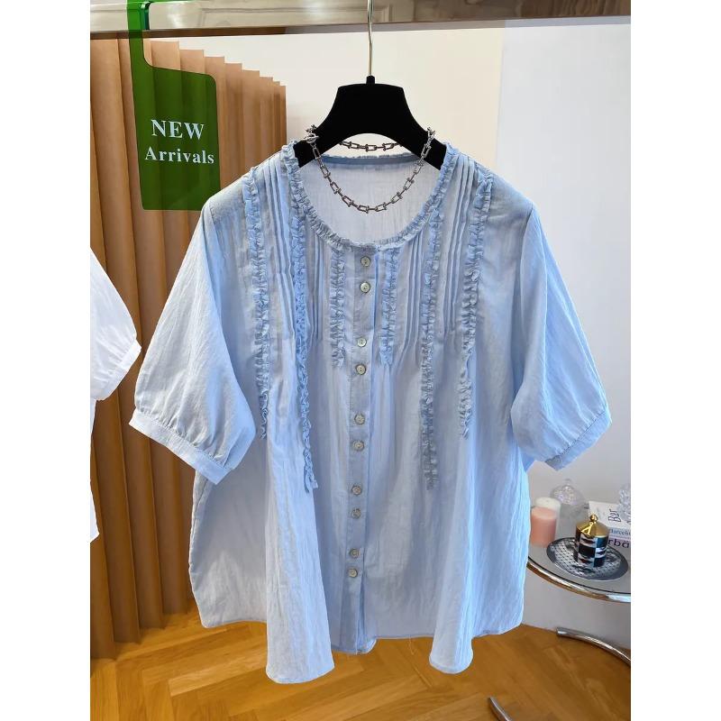 Womens Light Blue Cotton Blouse Casual Ruffle Trim Round Neck Puff Sleeve Button Up Top L синий