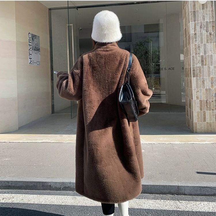 Winter Thick Long Stand Collar Loose Mink Fur Coat Women Casual Outerwear