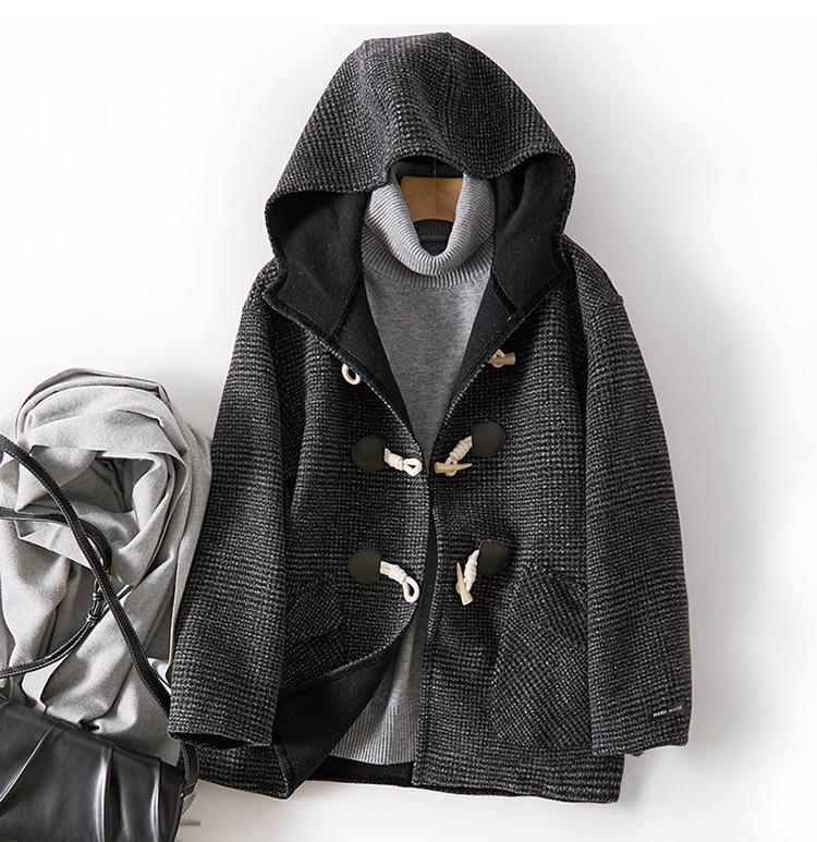 

Women s Retro Plaid Wool Coat with Toggle Buttons - Hooded & Loose Fit for Autumn/Winter 2025 Medium