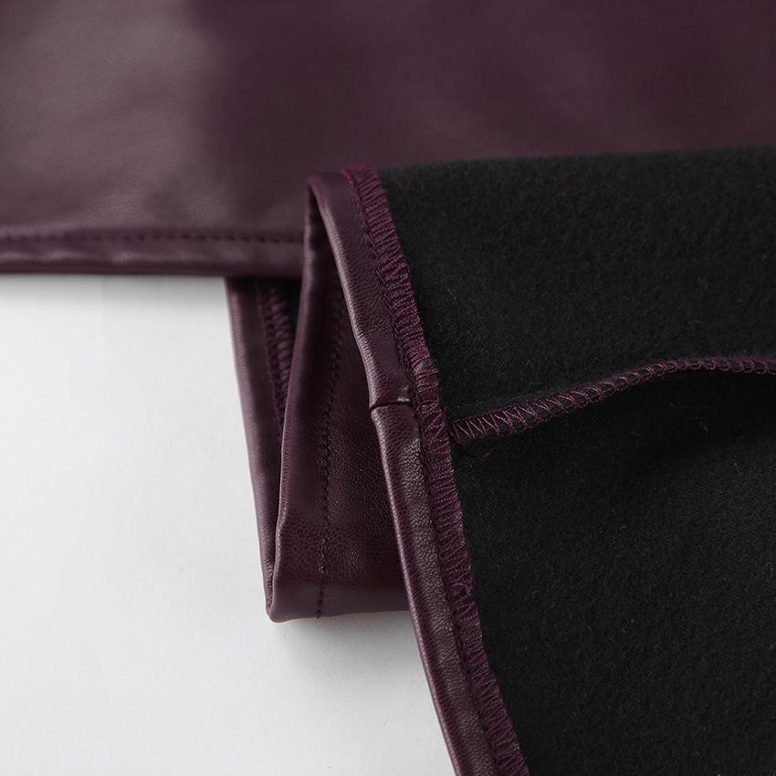 Women's Vintage Burgundy PU Leather Jacket Stand Collar Long Sleeve Belt Waist Slim Fit Faux Leather Coat Autumn Winter Outerwear