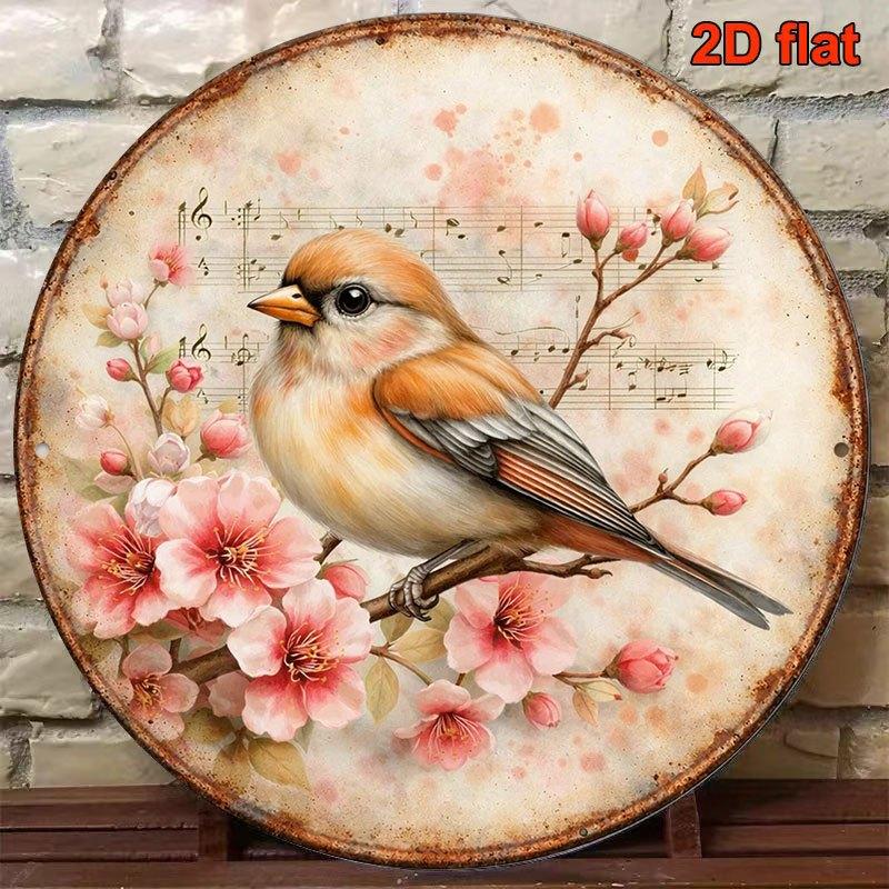 Vintage xin Round Aluminum Sign Spring Birds Cherry Blossom Musical Note Art for Wall Decor 20x20cm(8x8inch)