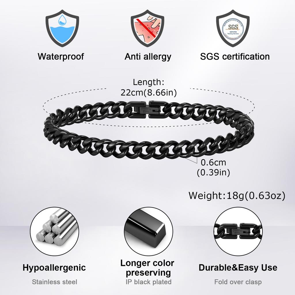 Black Miami Curb Chain Bracelet for Men,6-12MM Chunky Stainless Steel Cuban Link Chain Wristband,Stylish Punk Male Jewelry