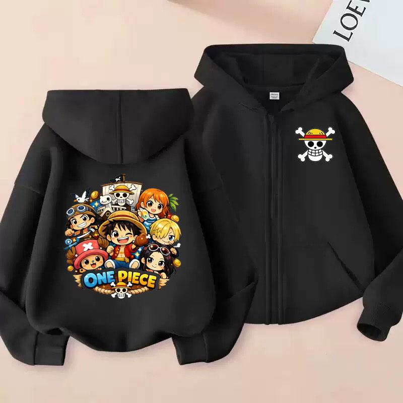 Cartoon Printed Clothing, One Piece Anime Hooded and Zippered Sweater, Long Sleeve Luffy Hooded Sweater for Kids