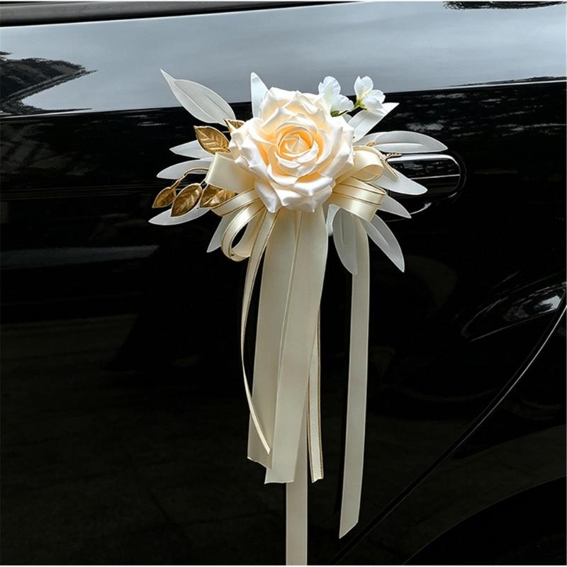 Ceremony Vehicle Handle Flower Ornament with Rose and Suction Cup for Wedding Car Styling and Photo Use