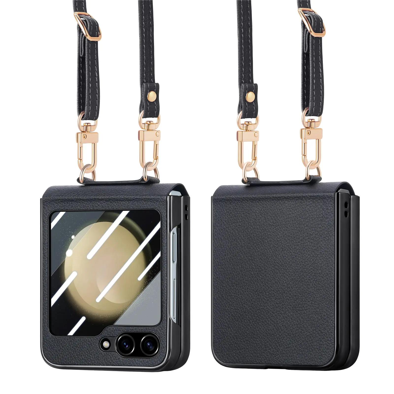 

Crossbody Lanyard Electroplating PU Leather Phone Case for Samsung Galaxy Z Flip 5 Flip5 5G Hard Shell Shockproof Cover Galaxy Z Flip5 червоний