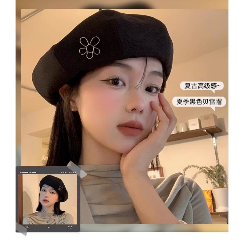 Women S Korean Style Flower Beret Hat Large Head Size Vintage Versatile