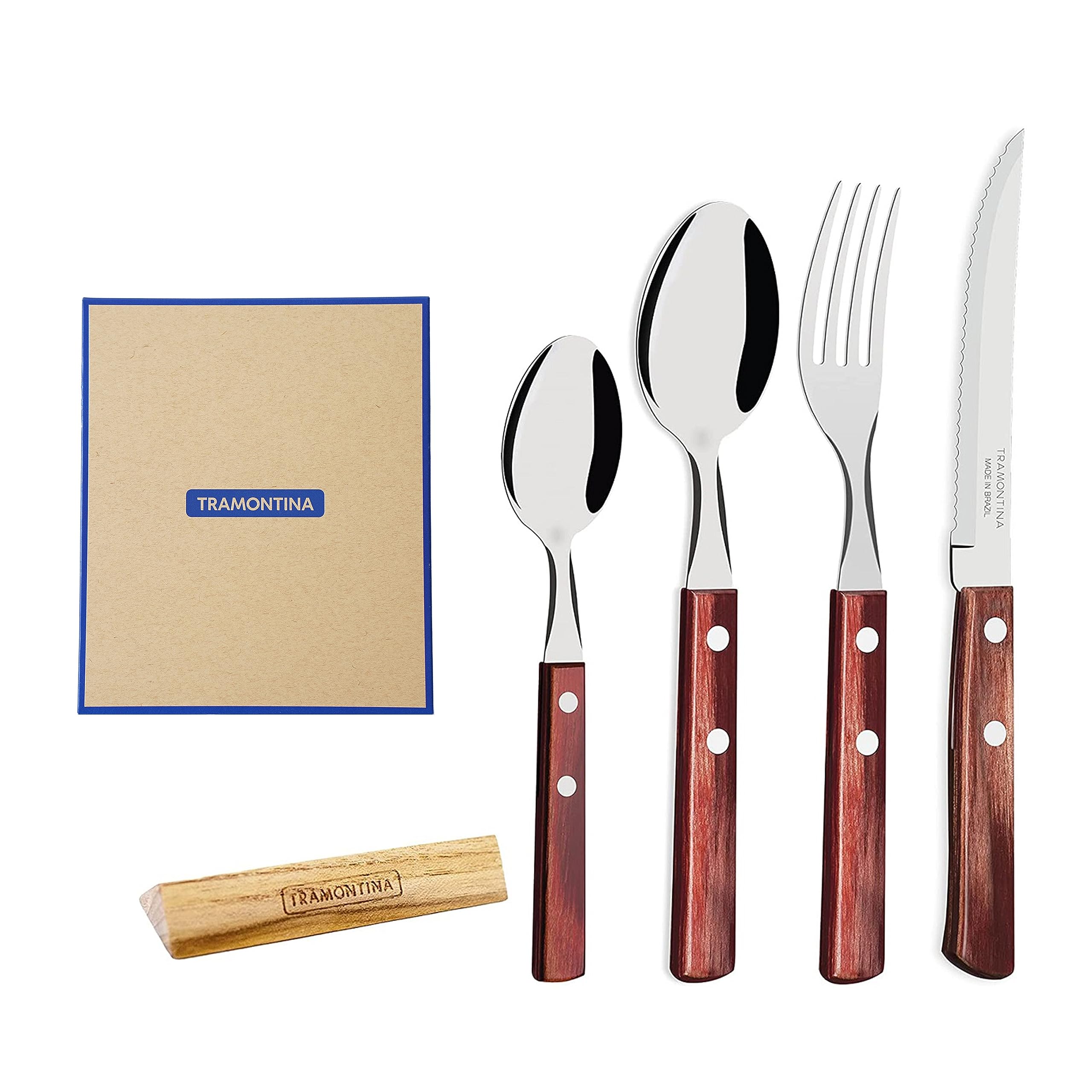 

Tramontina Gift Boxed Wooden Tableware Set of 4 with Cutlery Dishwasher Made in TRAMONTINA Rest, Red, Safe, Brazil, 21198/771