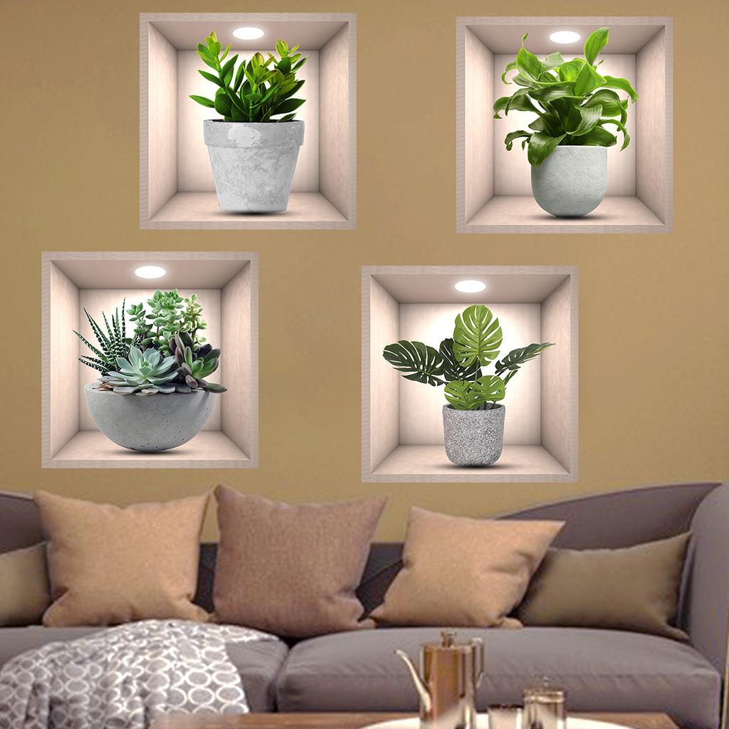 3D Plant Potted Wall Sticker - Living Room Sofa Background, Self-Adhesive PVC Wallpaper