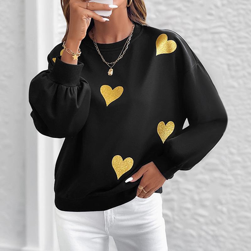 European Autumn 2025 Heart Print Romantic Loose Round Neck Long Sleeve Hoodie