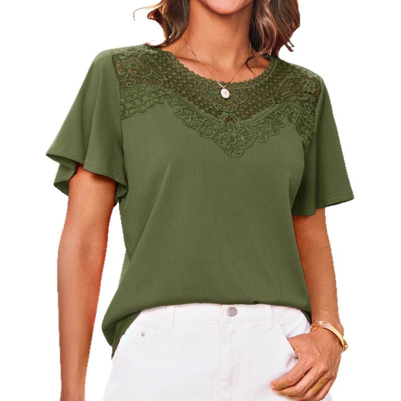 Round Neck Loose Summer Lace Women Blouse Solid Color Short Sleeve Lace Sweet Shirt Ladies Solid Color Elegant Fashion Office Top Basic Sweet Clothing