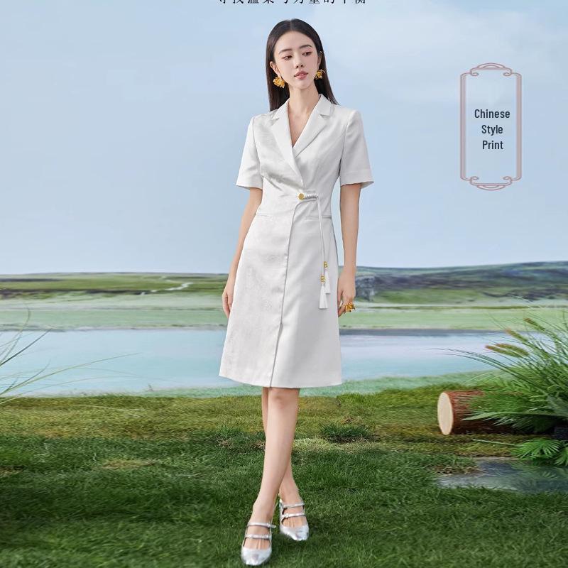 

Women s Summer White Short Sleeve Dress - National Style with Chinese Print, Improved OL Suit Design, Textured Fabric L