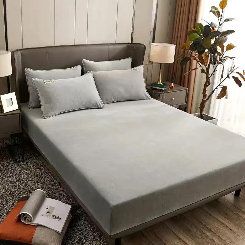 Warm Winter Plush Fitted Sheet Elastic Mattress Cover Fluffy Coral Fleece Bed Linen Luxury Double Bed Velvet Protector