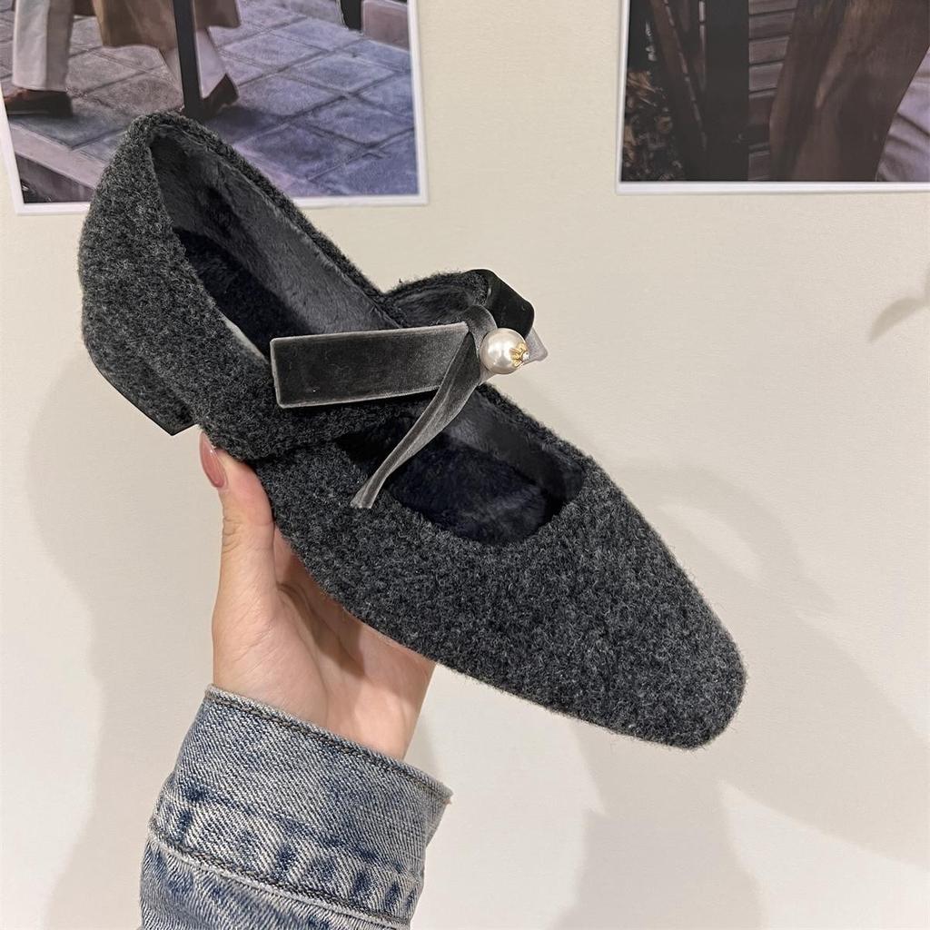 French Thick Heel Gray Single Shoes with Skirt Evening Shoes Women's Shoes 2025 Autumn and Winter Plush Mary Jane Fluffy Shoes