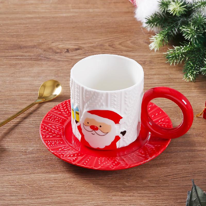 Relief-Körnung Handbemalte Keramiktassen und Untertassen Kreatives Handbemaltes Weihnachtsmann Rentier Kaffeetassen-Set Trink-Feiertagsgeschenke