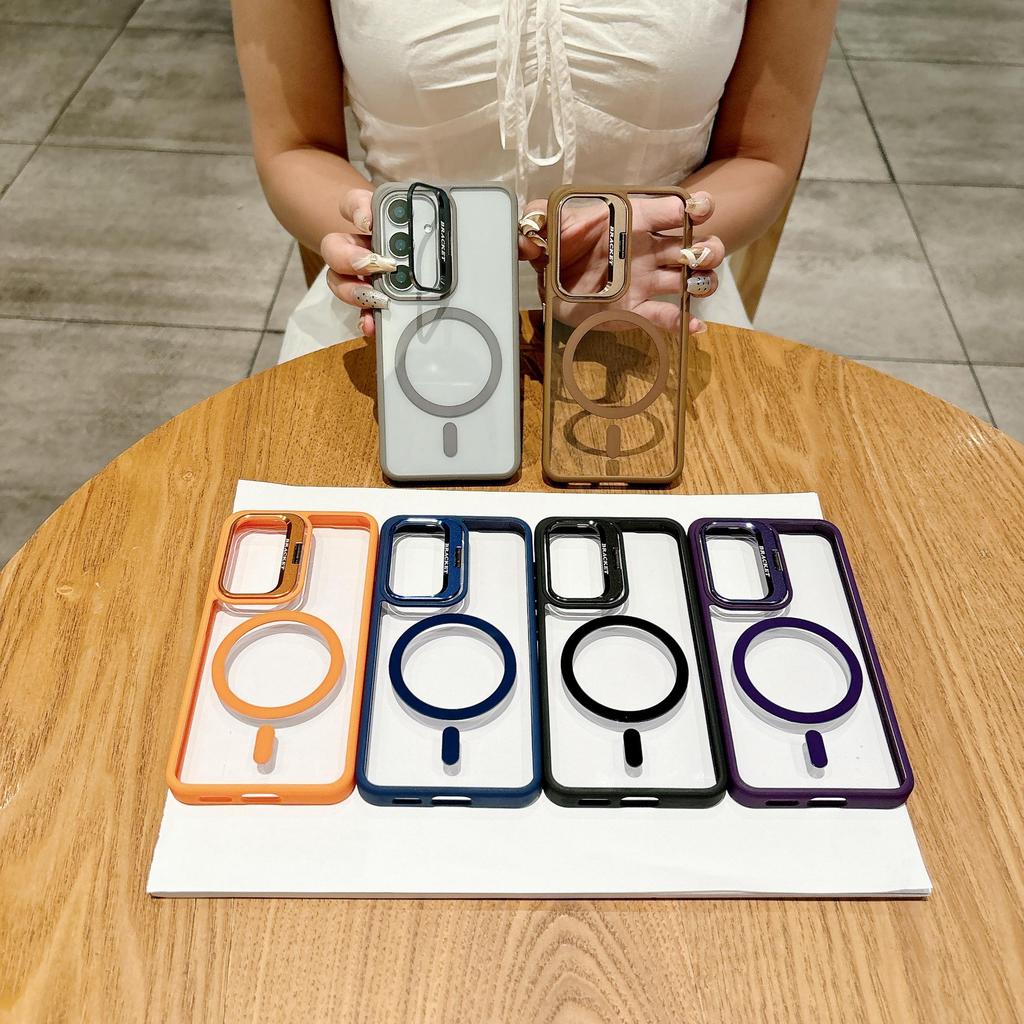 Solid Color Transparent Camera Len Stand Magnetic Charge Bumper Phone Case For Samsung Galaxy S25 Ultra S24 FE S23 Plus Soft Silicone Protection Cover