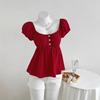 2025 European Summer Polka Dot Puff Sleeve Women's Top with French Square Neck