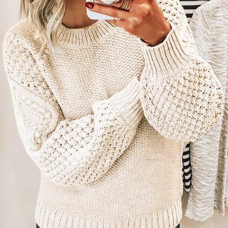 Women's Long-Sleeve Round Neck Cable Knit Pullover Sweater – European & American Fashion