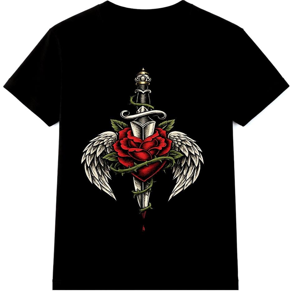 Dagger Rose T Shirt Angel Wings Gothic Tattoo Style Streetwear Graphic Tee