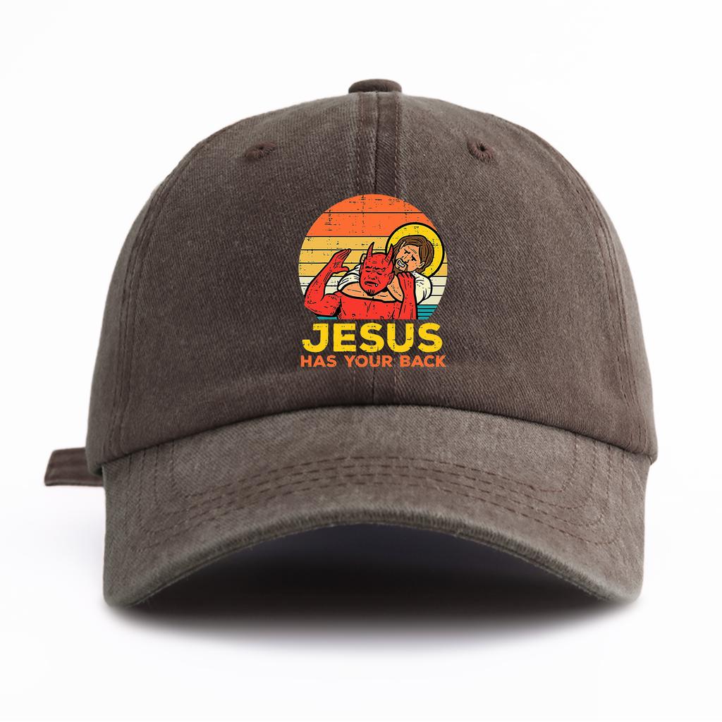 1 Stück JESUS HAT DICH IM RÜCKEN Aufdruck Gewaschene Baseballkappe für ErwachseneMinimalistischer Retro-Stil Lässig Weich Verstellbar Papa-HutPerfekt Als Geschenk