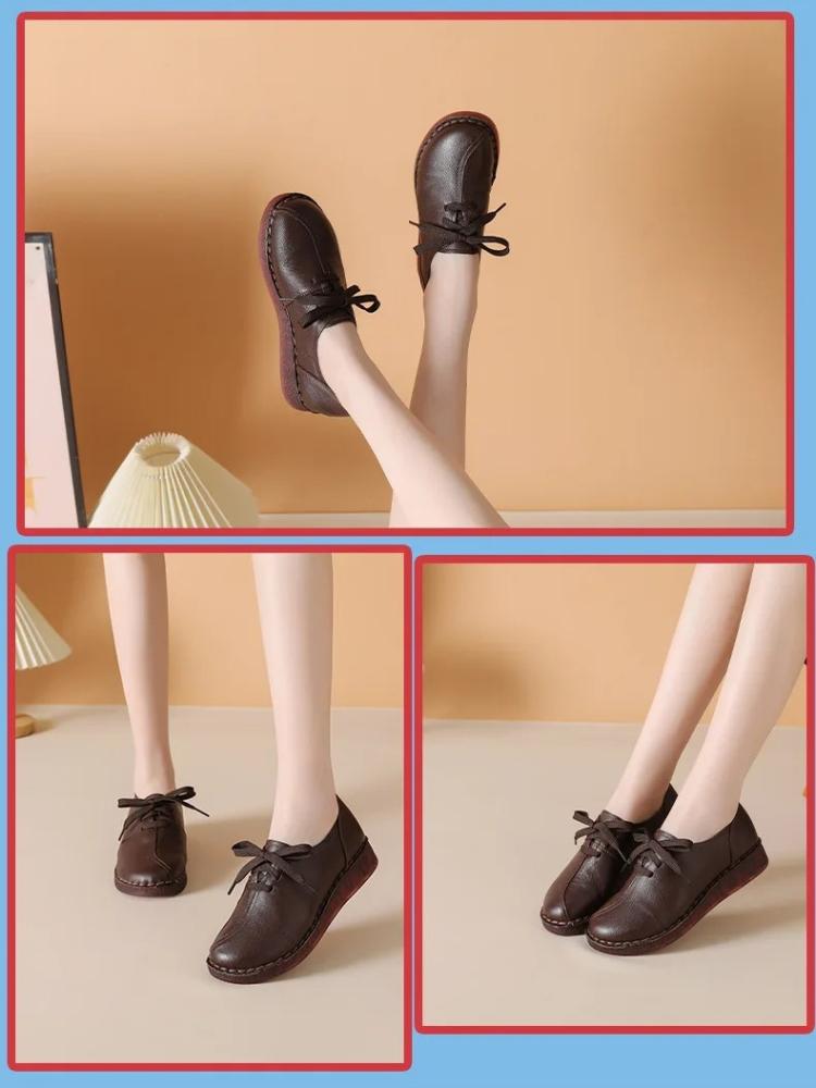 Johnature Genuine Leather Soft Soled Women's Shoes Casual Solid Color Versatile Lace-up Flats