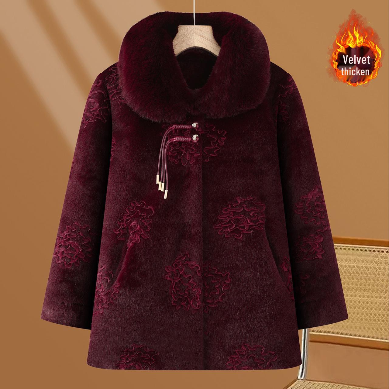 

Бархатное пальто бабушки: Теплая зимняя куртка с меховым воротником для пожилых женщин (60-80 лет) 4XL (Recommended 125-140 jin)