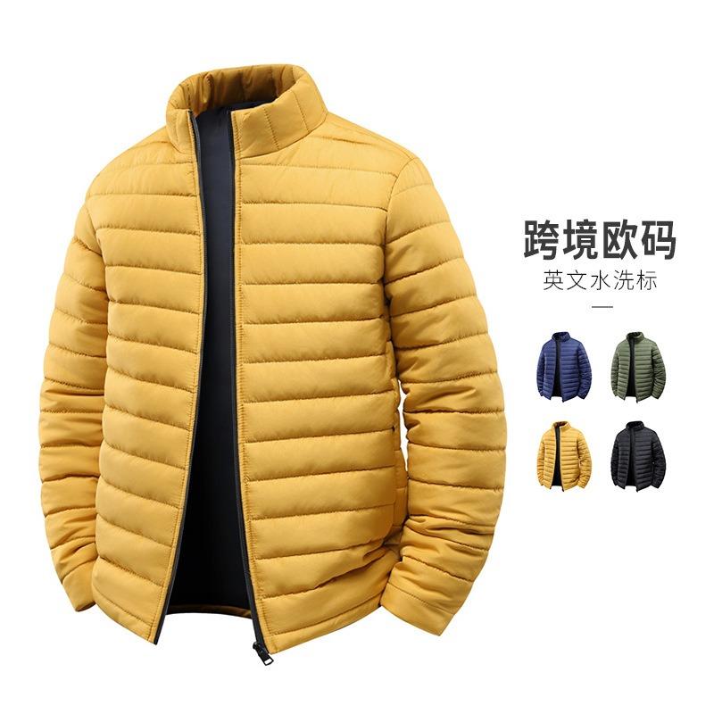 European Size Ribs Clothes Men's Winter Loose Stand-up Collar Plus Cotton Casual Solid Color Cotton-padded Jacket Men's