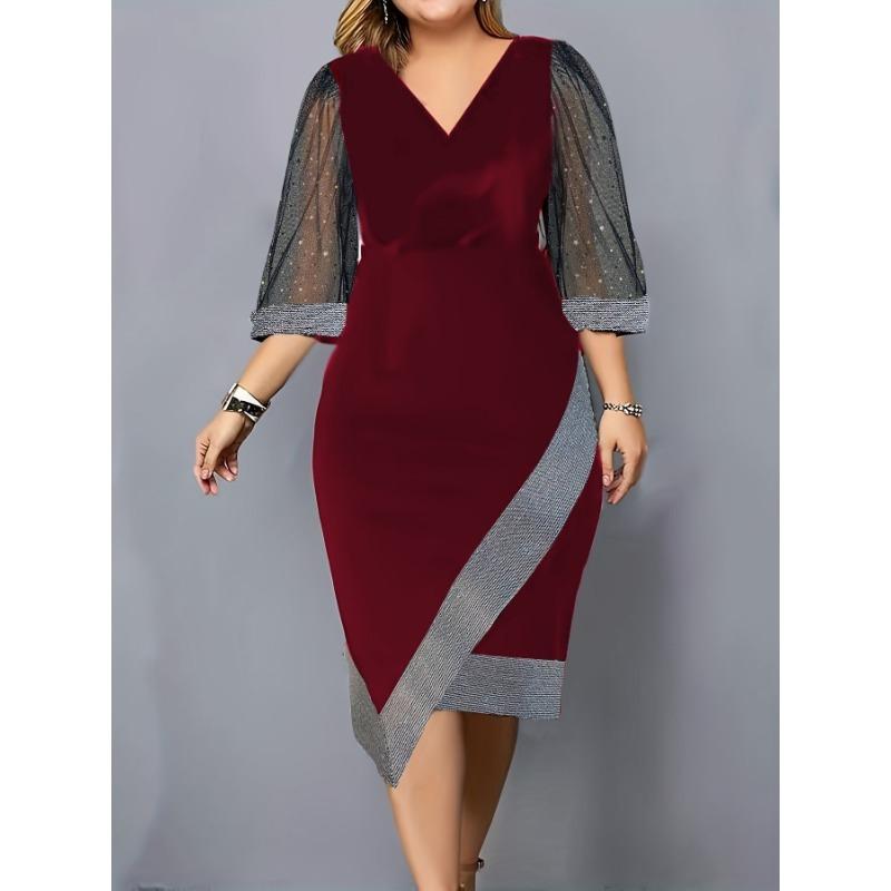 Women's New Temperament Commuter Slim Mesh Splicing Short-sleeved V-neck Dresses