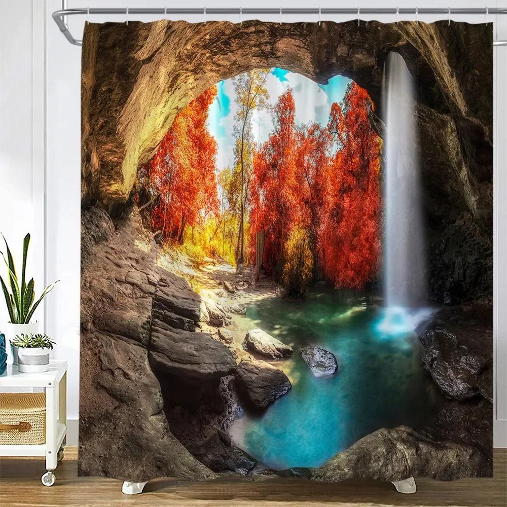 Autumn Waterfall Landscape Shower Curtains Forest Maple Red Leaves Plant Wild Tiger Fall Nature Scenery Cloth Bathroom Decor Set