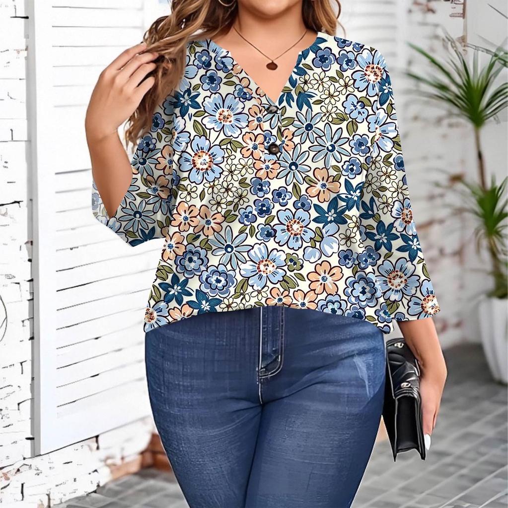 Plus Size Women's Fashion Casual Vintage Print V-Neck 3/4 Sleeve Button T-Shirt Top
