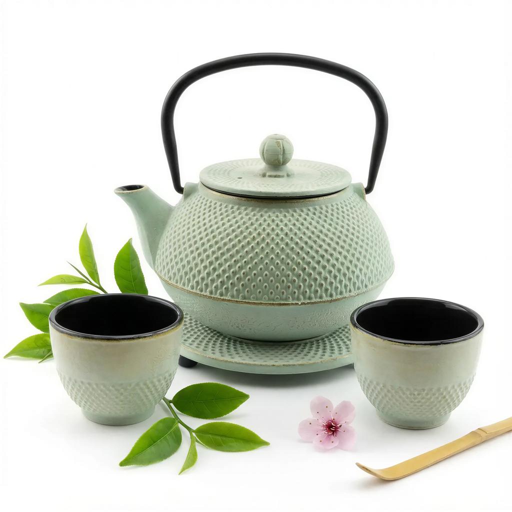 CAST IRON KETTLE POT MINT 0.8L SET 1x POT 2x CUPS WITH STAND