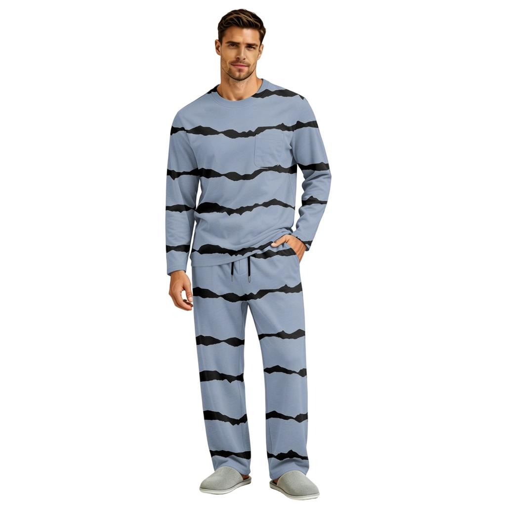 Men's Pajama Set Long Sleeve Top and Long Pants with Button Crotch and Elastic Drawstring Waist for Home Loungewear