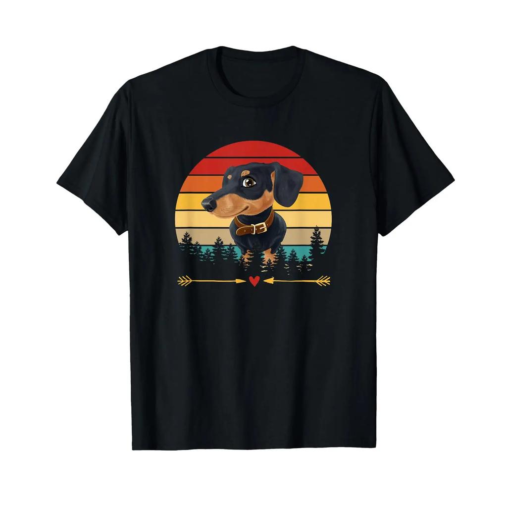 Vintage Dachshund Sunset Dog Lover Dogs Retro T Shirt Black Vintage Slightly Streetwear Stylish Fashion Unisex